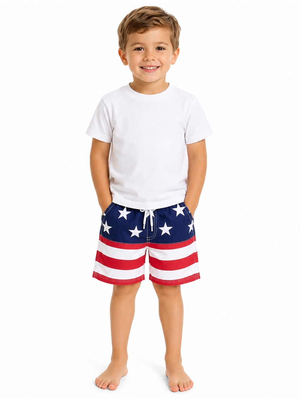 Patriotic Navy & Red Star Stripe Kids Swim Shorts